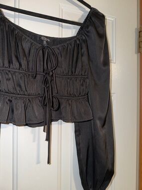 Black Satin Peasant Crop Top with Tie Front